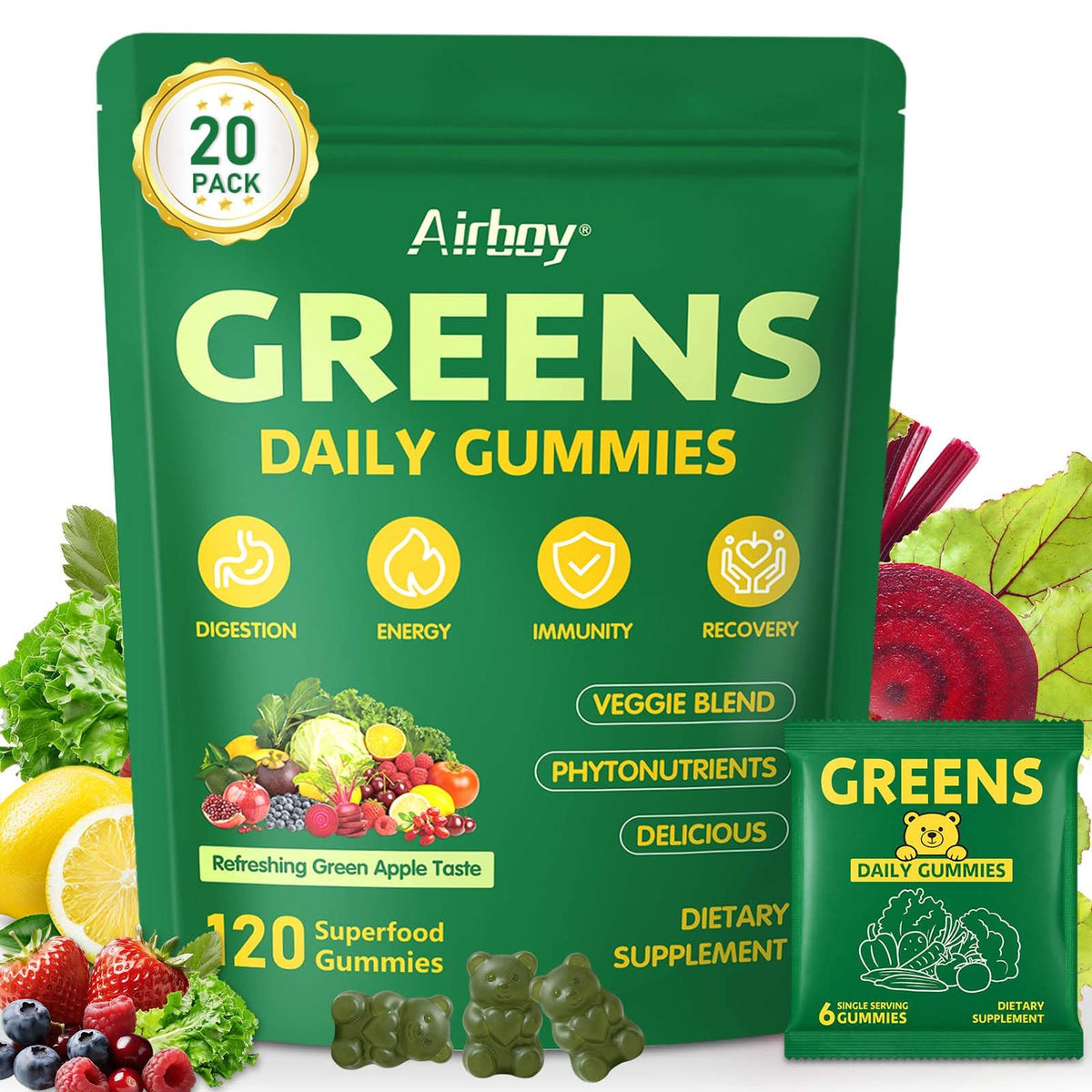 Airboy paquete frontal de Greens Daily Gummies mostrando diseño y beneficios