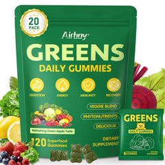 Airboy paquete frontal de Greens Daily Gummies mostrando diseño y beneficios