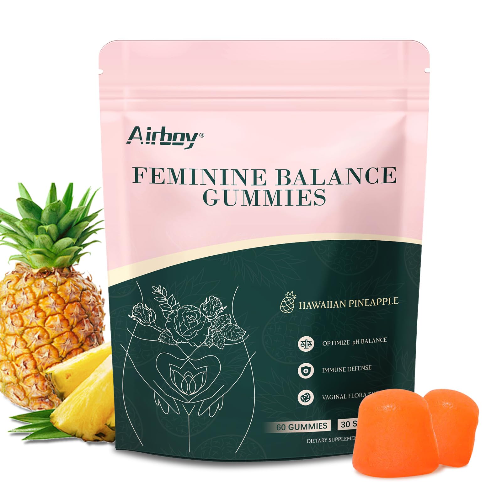 Airboy frente del envase con diseño y 60 gomitas, presentación clara y conveniente