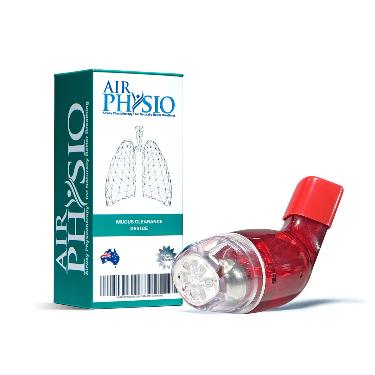 AirPhysio vista frontal en su empaque mostrando diseño portátil y calidad