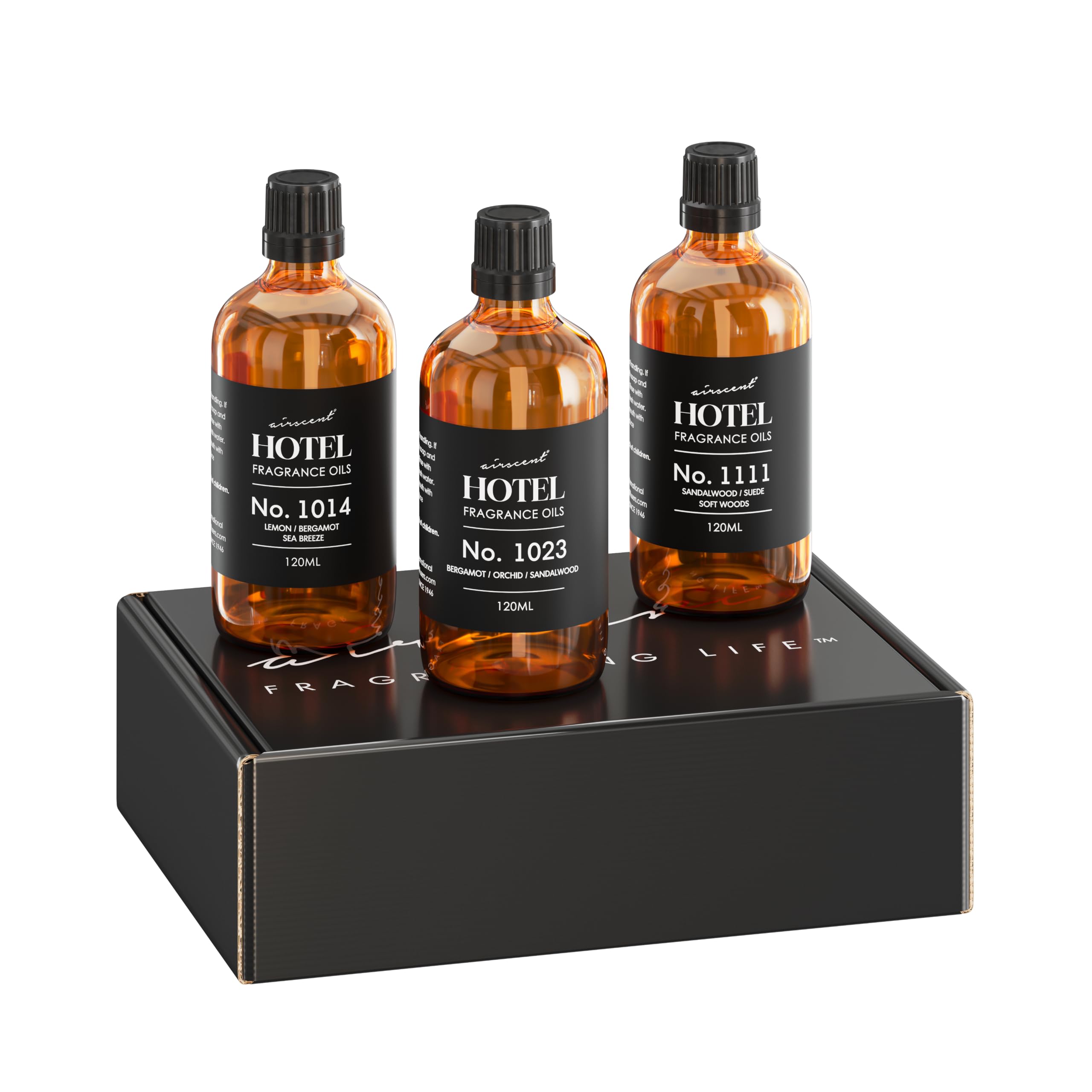 Air-Scent estuche frontal con tres frascos, presentación elegante y lista para regalo