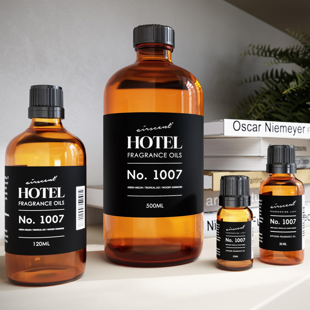 Air-Scent No.1007: botella-difusor-hotel-musgo-roble, aroma cálido para vestíbulos.