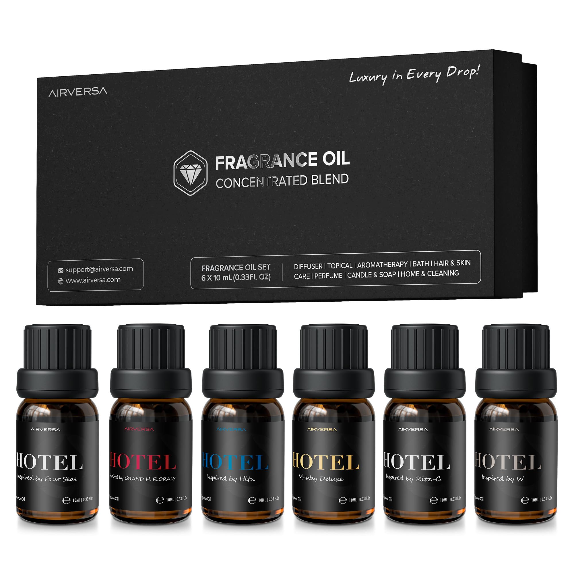 Airversa set de 6 frascos 10 mL frente mostrando diseño elegante y versatilidad