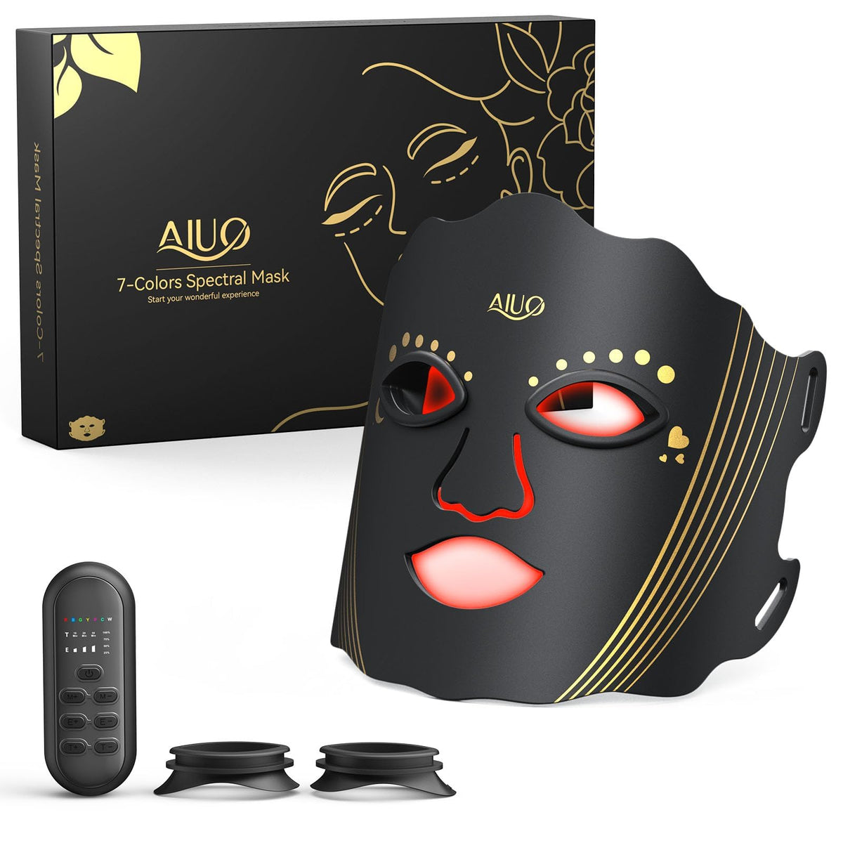 AIUO máscara LED frontal mostrando diseño jet black y ajuste cómodo