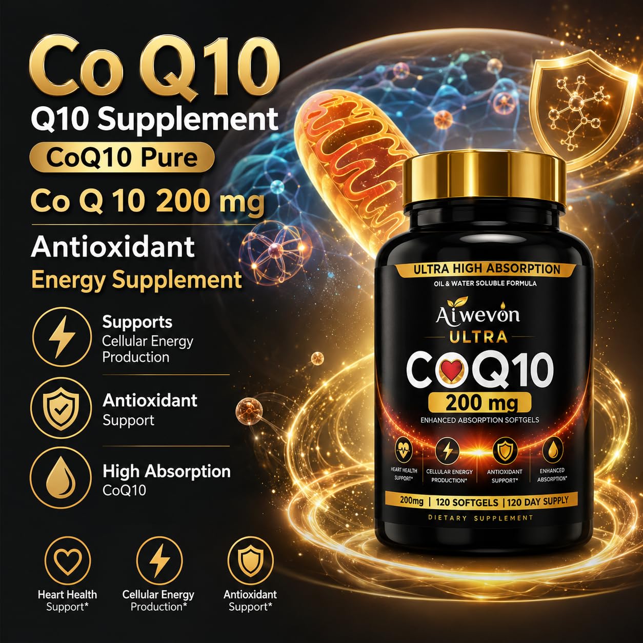 Aiwevon etiqueta en primer plano que resalta CoQ10 200 mg y vitamina E