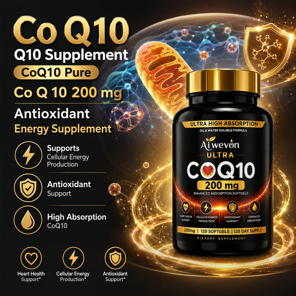 Aiwevon etiqueta en primer plano que resalta CoQ10 200 mg y vitamina E