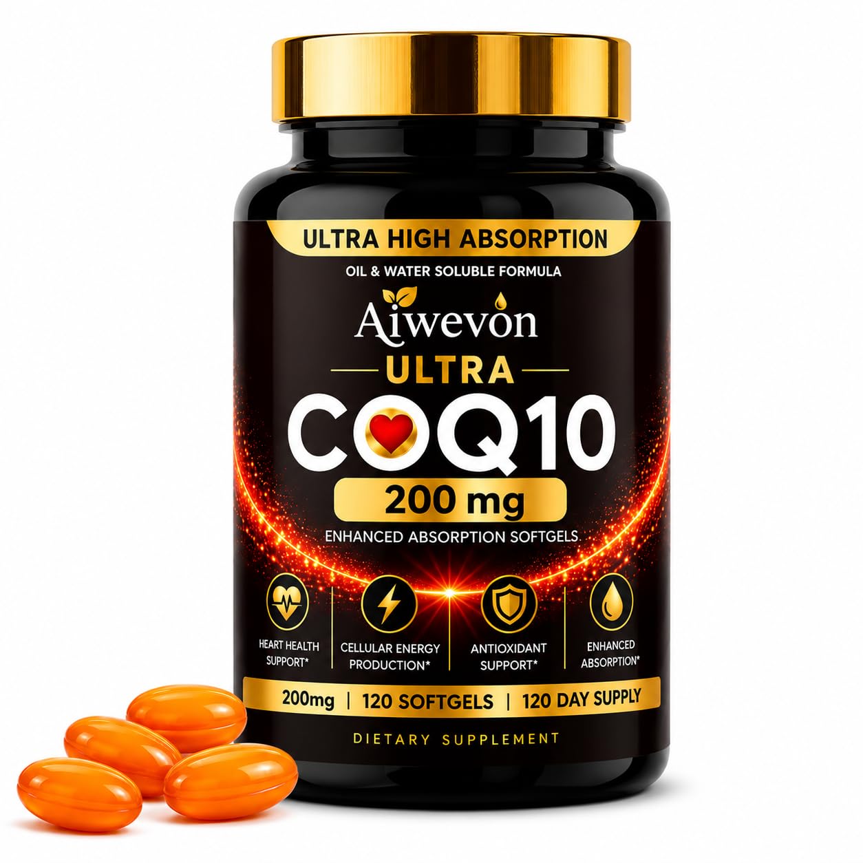 Aiwevon frasco frontal mostrando 120 softgels para suministro prolongado