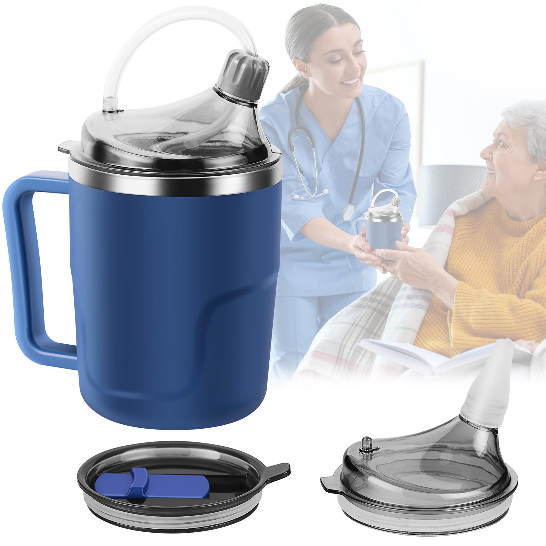 AKIMRABY vaso antiderrame visto de frente con tapa, facilita beber sin derrames