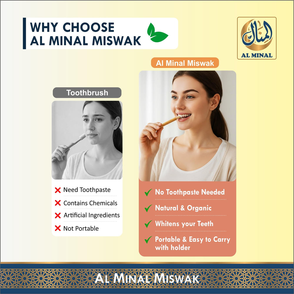 AL MINAL miswak en mano listo para preparar y usar de forma práctica