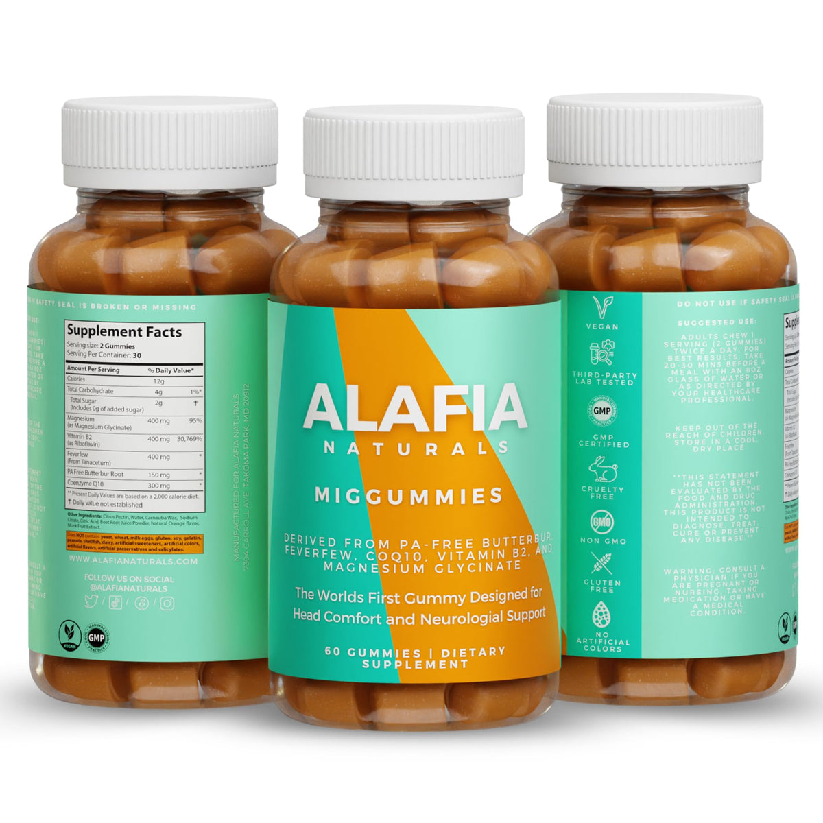Alafia Naturals Miggummies frontal del envase mostrando beneficios claros