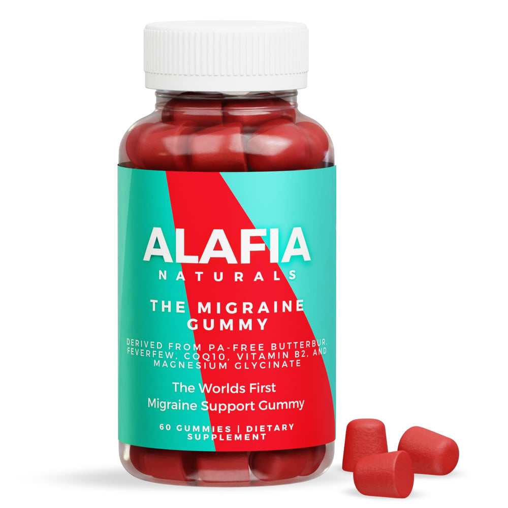 Alafia Naturals frasco frontal del producto muestra diseño y 60 gominolas, aporta comodidad