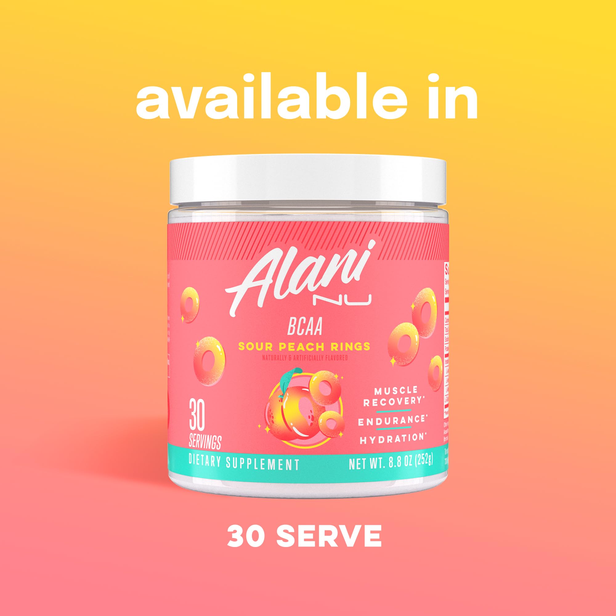 Atleta en gimnasio con Alani Nu BCAA Sour Peach Ring, recuperación y energía