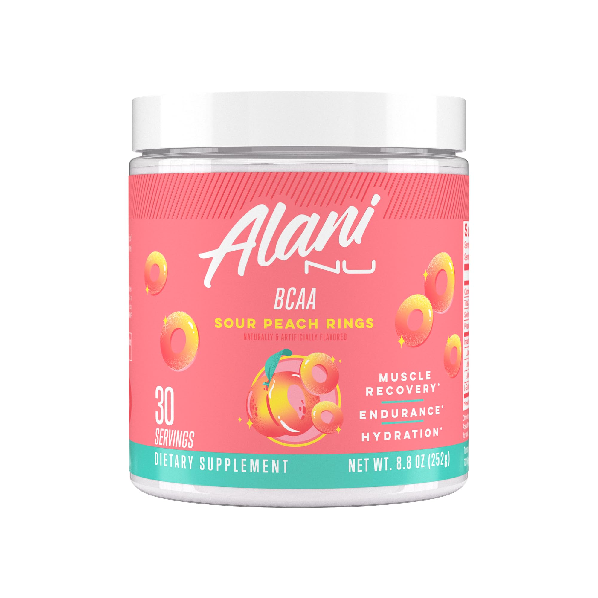 Alani Nu BCAA Sour Peach Ring frente del envase mostrando etiqueta y sabor