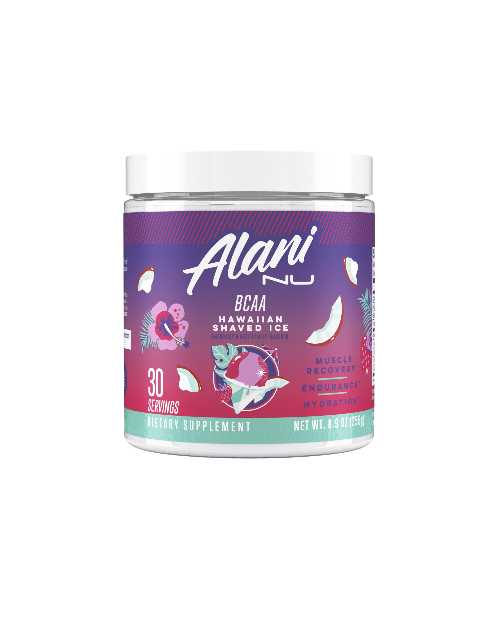 Alani Nu bote frontal Hawaiian Shaved Ice mostrando diseño y sabor