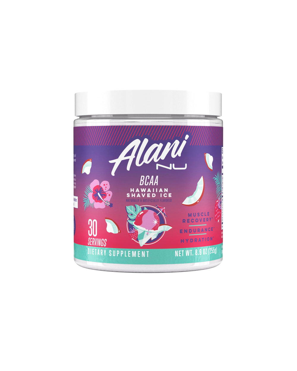 Alani Nu bote frontal Hawaiian Shaved Ice mostrando diseño y sabor