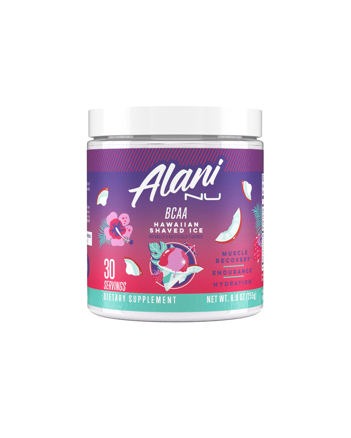 Alani Nu bote frontal Hawaiian Shaved Ice mostrando diseño y sabor