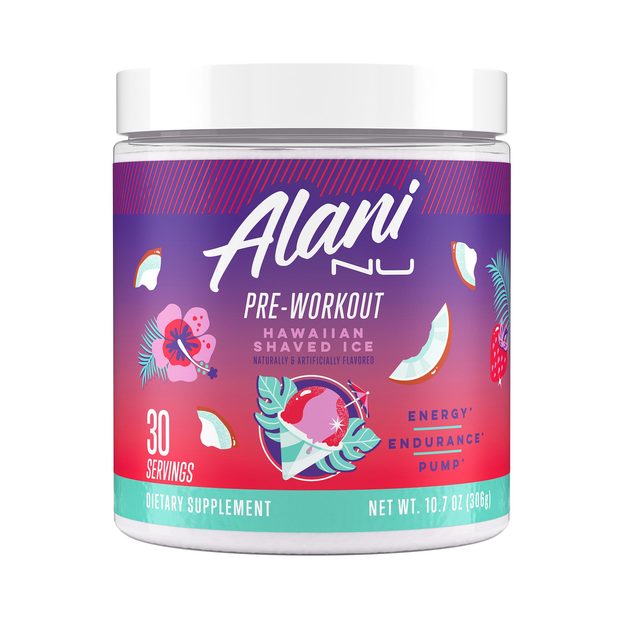 Alani Nu frasco frontal Hawaiian Shaved ICE mostrando etiqueta clara y sabor
