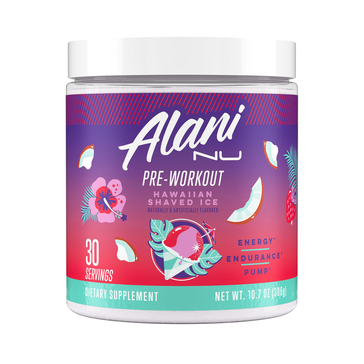 Alani Nu frasco frontal Hawaiian Shaved ICE mostrando etiqueta clara y sabor