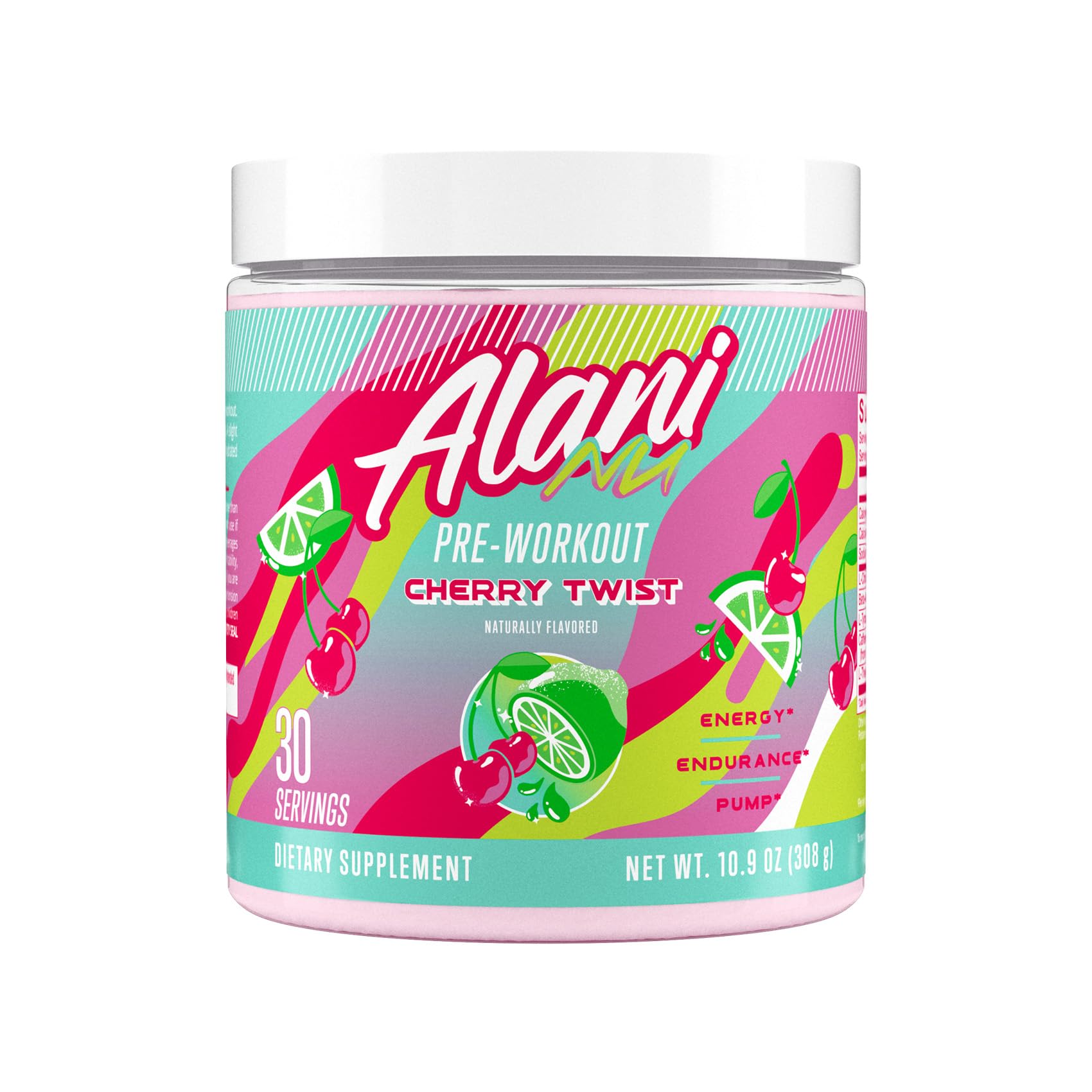 Alani Nu frente del envase mostrando diseño y sabor Cherry Twist, confianza visual