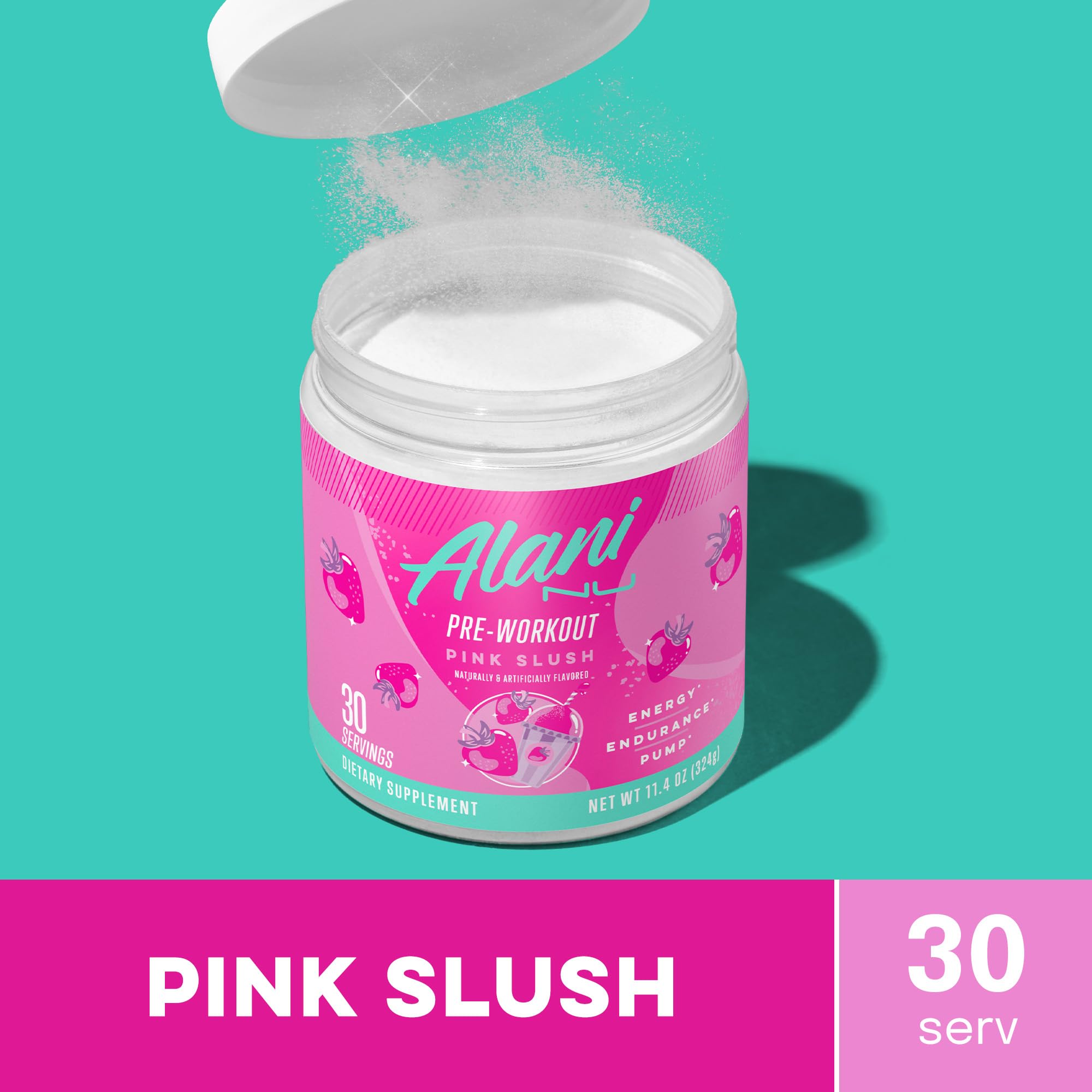 Alani Nu polvo textura rosa en primer plano que sugiere disolución rápida