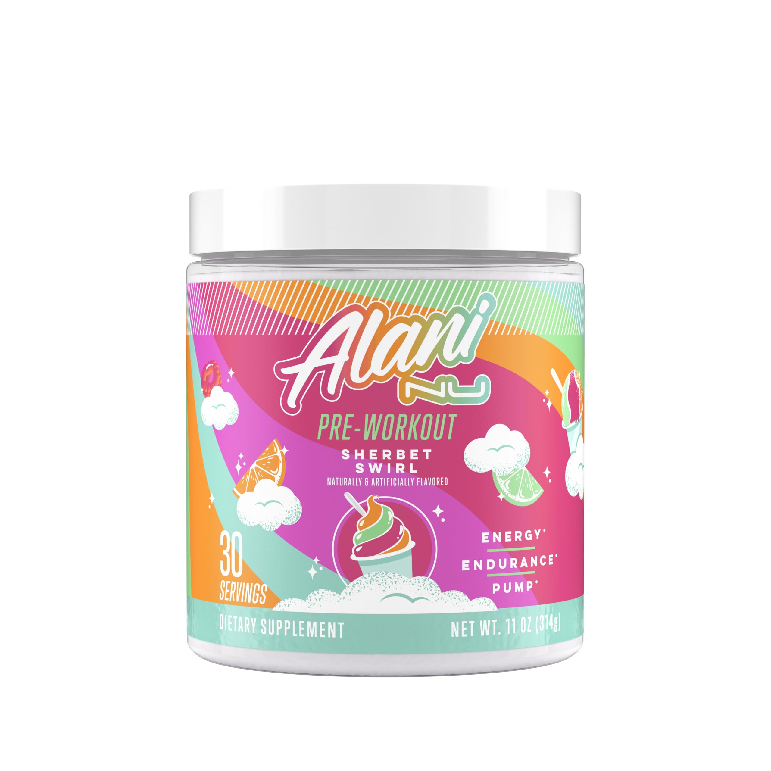 Alani Nu frasco frontal con sabor Sherbet Swirl mostrando diseño y conveniencia para potenciar entrenos