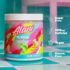 Alani Nu envase junto a tarjeta que indica 30 porciones, claridad de dosis