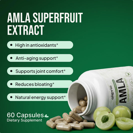 Alevia amla primer plano de cápsulas vegetales que facilita ingestión