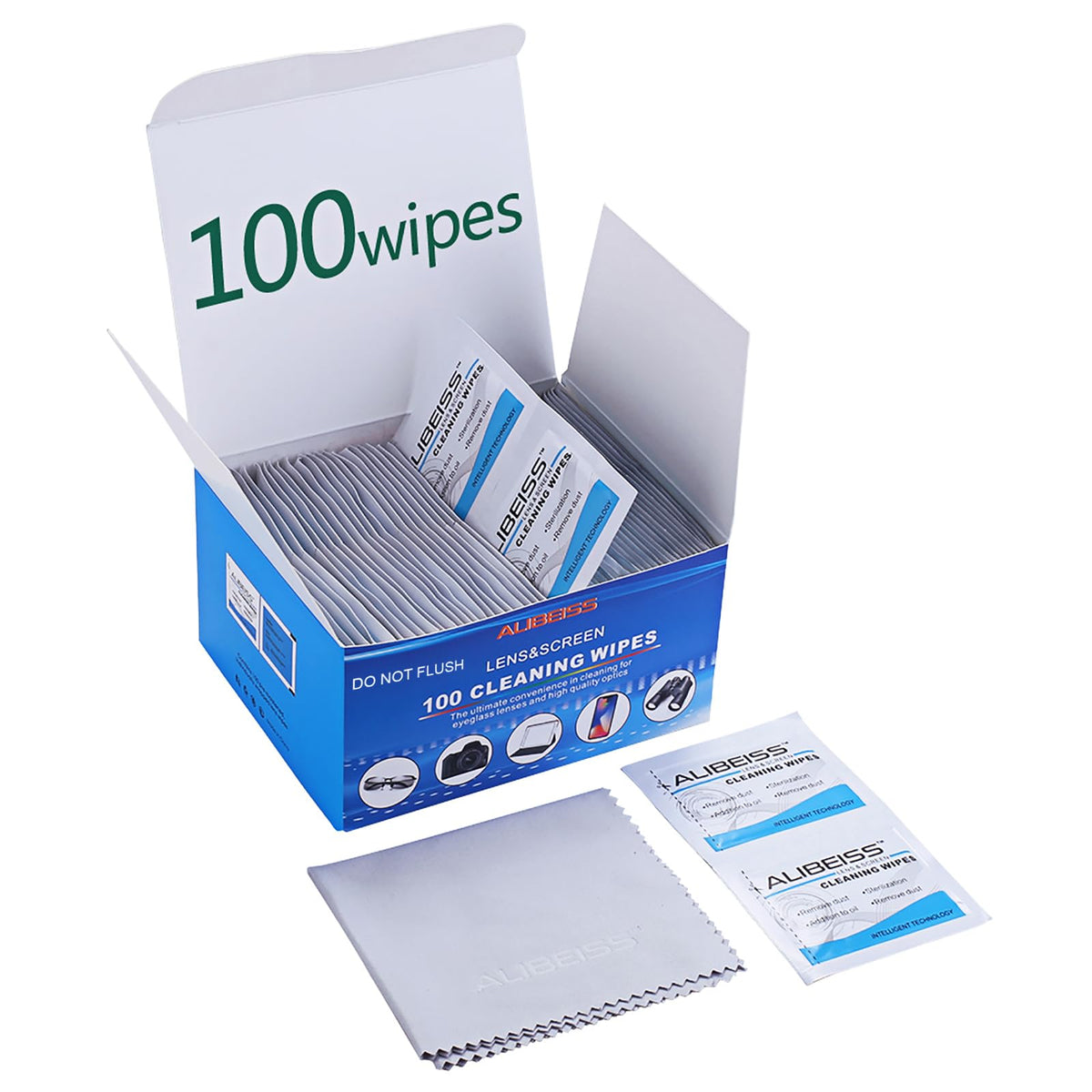ALIBEISS empaque frontal mostrando 100 toallitas y marca para limpieza rápida