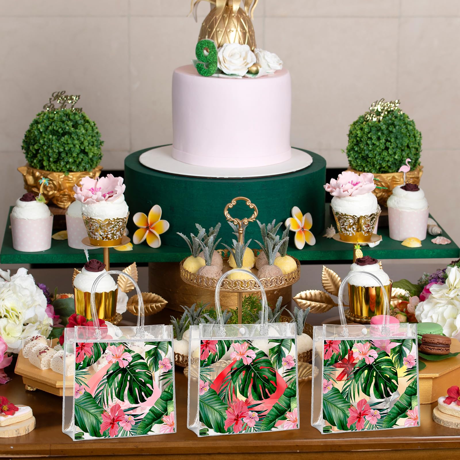 Aliceset bolsas en mesa de fiesta, refuerza temática veraniega