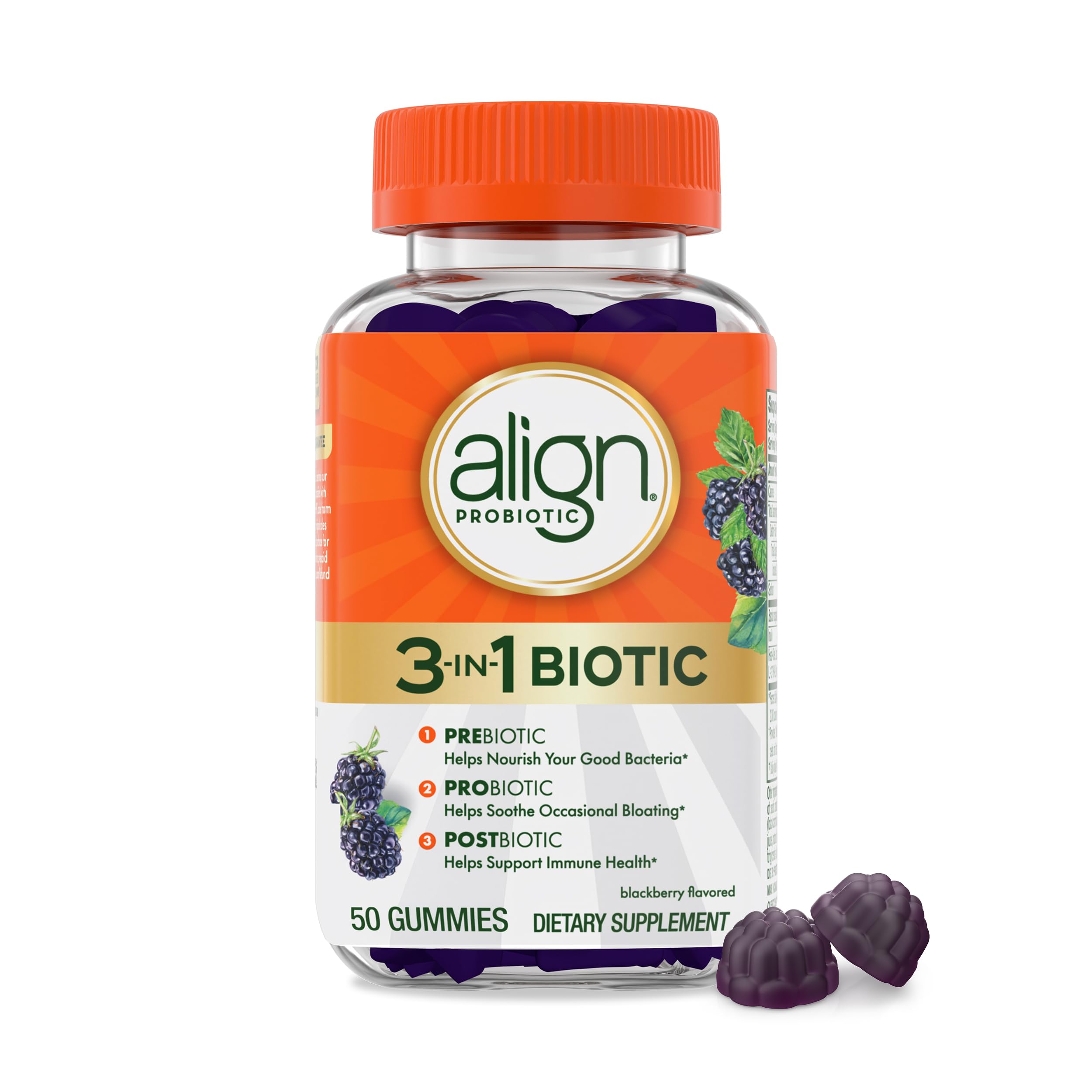 Align frente del envase mostrando 50 gomitas y beneficios visibles