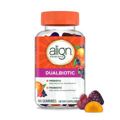 Envase Align Dualbiotic frontal con 60 gomitas, presentación práctica