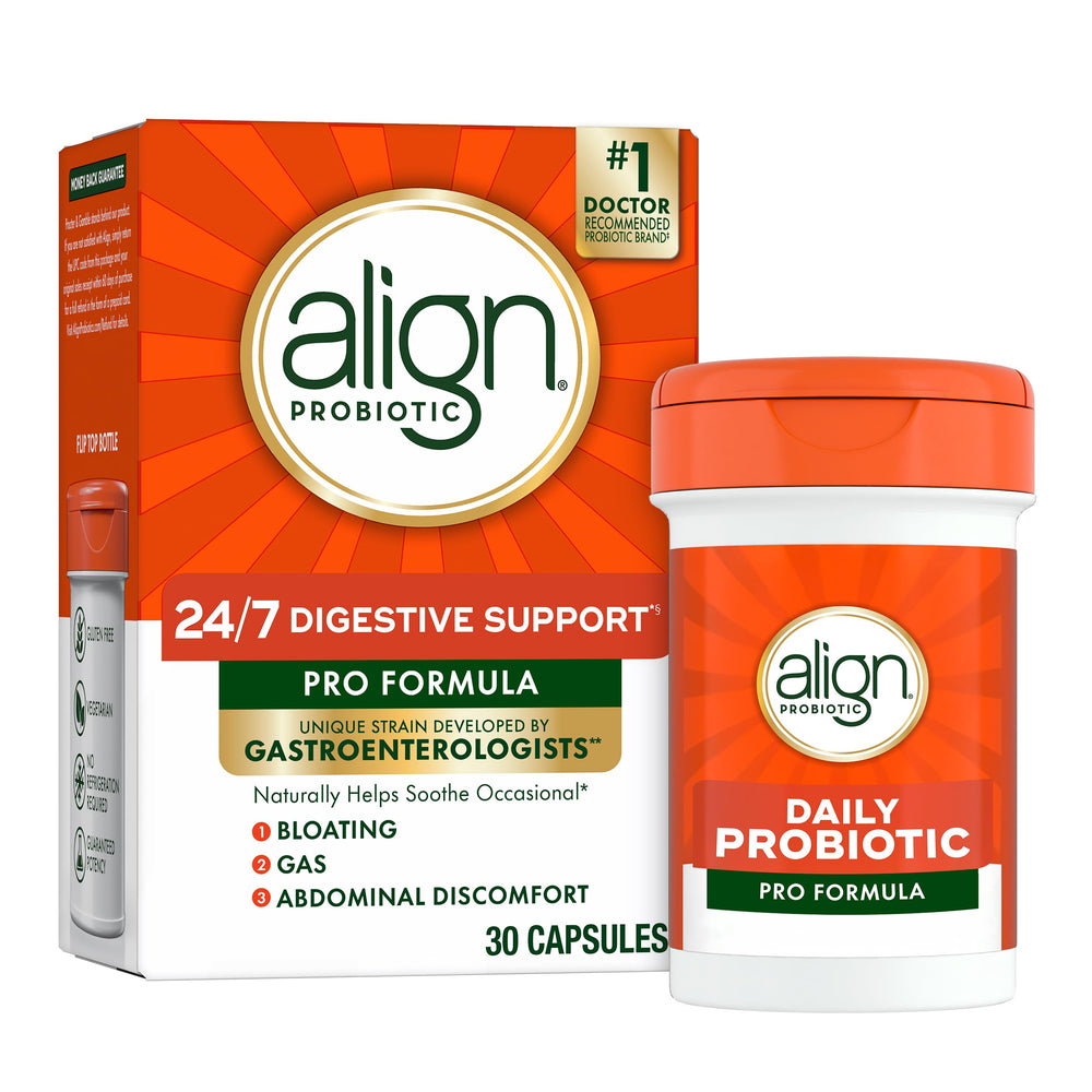 Align frasco frontal mostrando etiqueta y beneficio de equilibrio digestivo