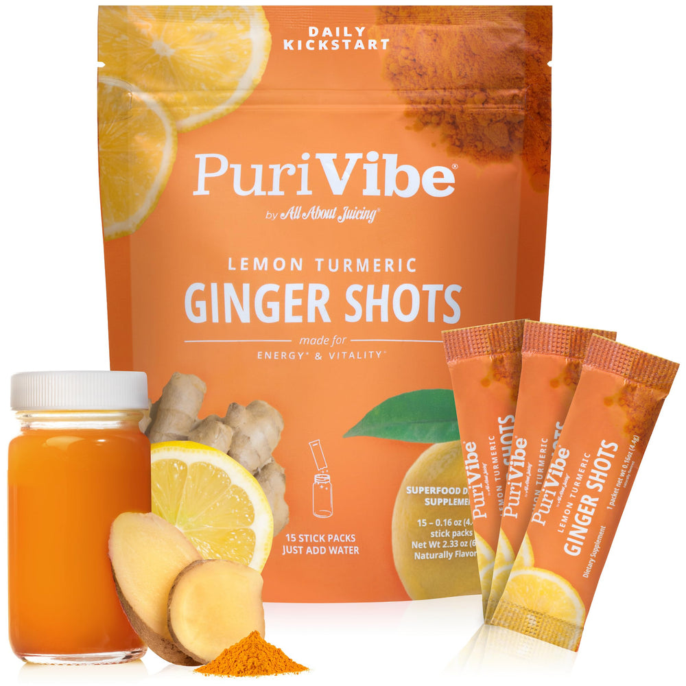 All About Juicing frente del empaque mostrando 15 stick packs y conveniencia