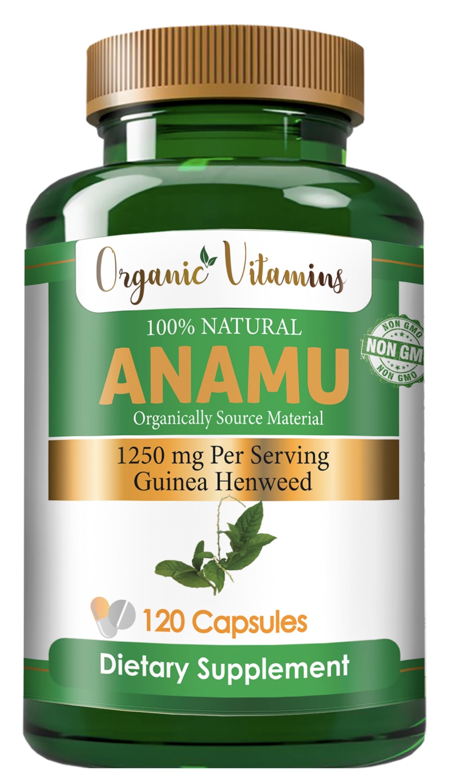 Frasco All Nue Anamu orgánico 1250 mg vista frontal con etiqueta clara y beneficios