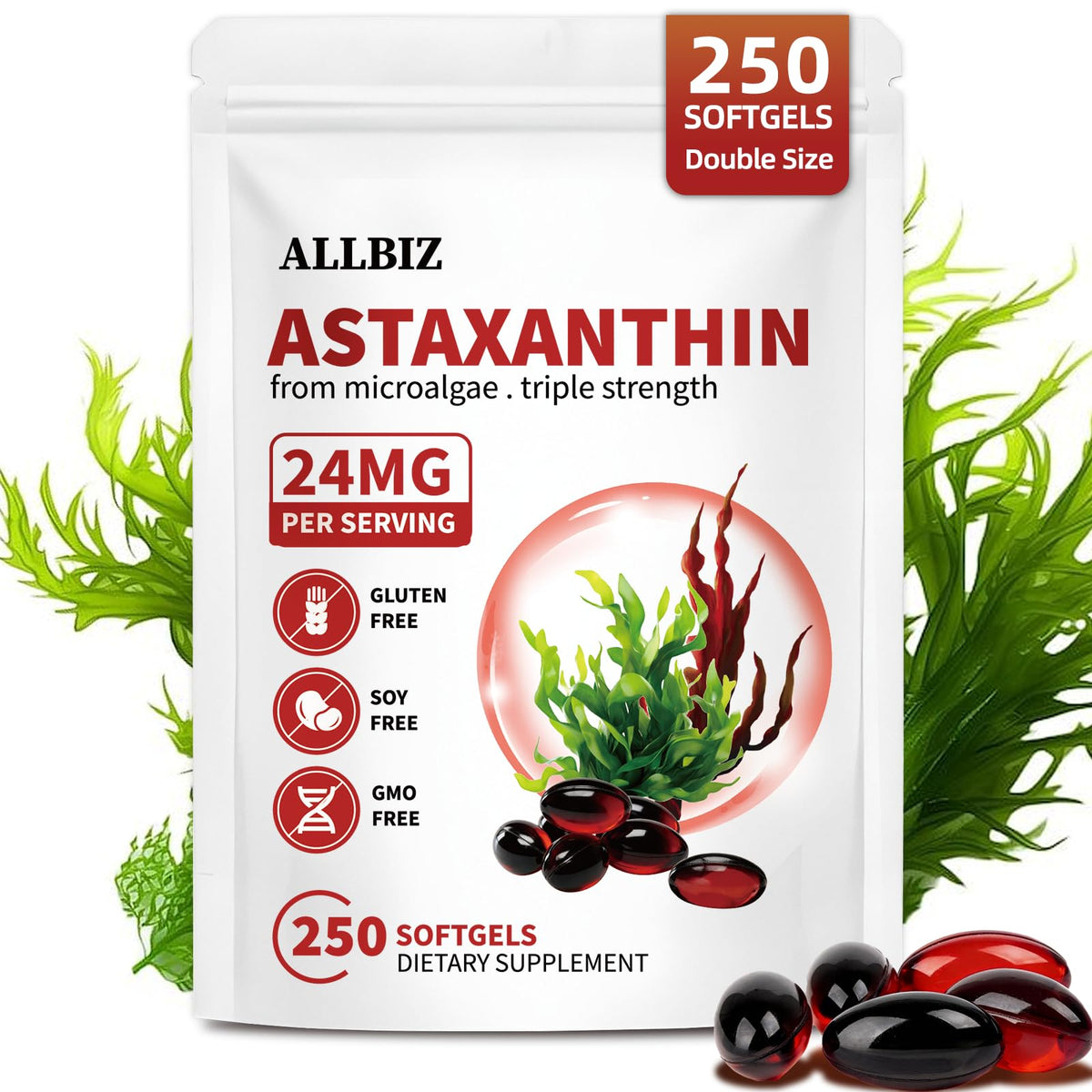 ALLBIZ frasco frontal mostrando 250 cápsulas, conservación práctica