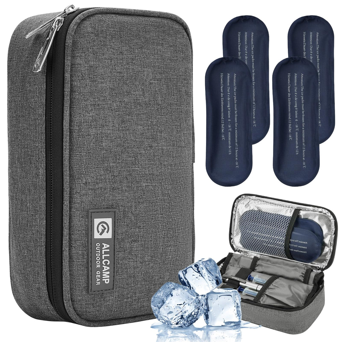 ALLCAMP funda insulina frente gris mostrando cremallera doble y diseño resistente