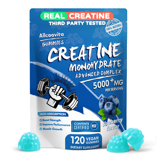 Allcoovita frasco frontal con gominolas creatina, visual claro y práctico