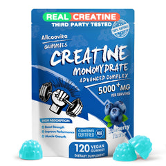 Allcoovita frasco frontal con gominolas creatina, visual claro y práctico
