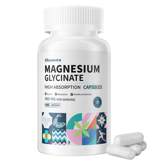 Allcoovita envase frontal de magnesio glicinato 180 cápsulas, clara identificación y confianza