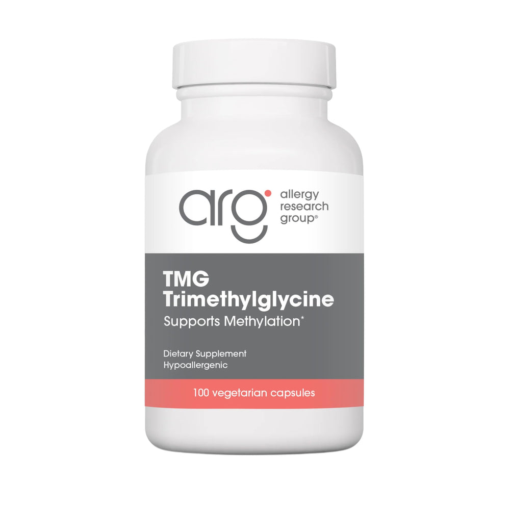 Allergy Research Group ARG TMG envase frontal mostrando dosificación y 100 cápsulas