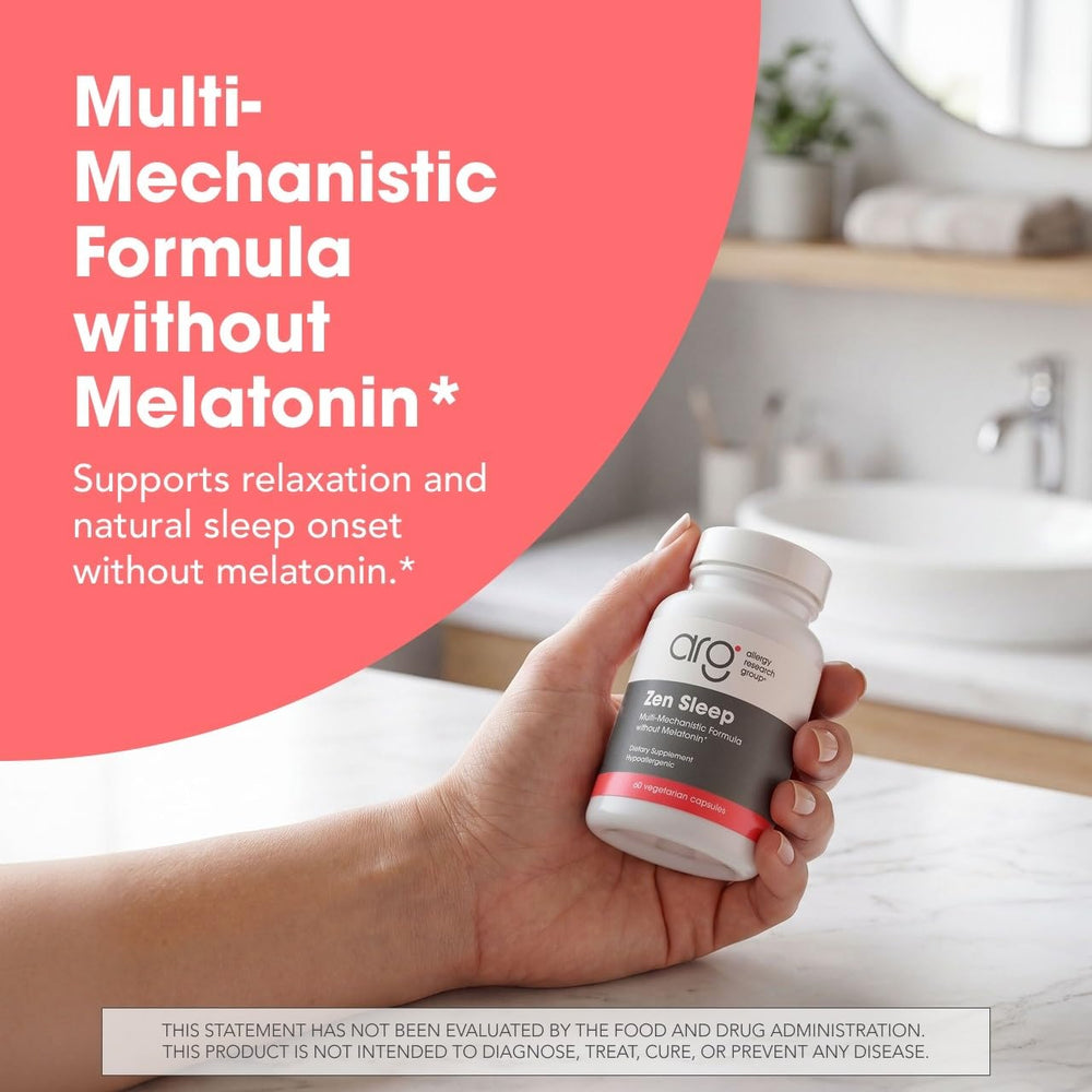 Allergy Research Group cápsulas de ARG Zen Sleep sobre fondo neutro mostrando tamaño y forma