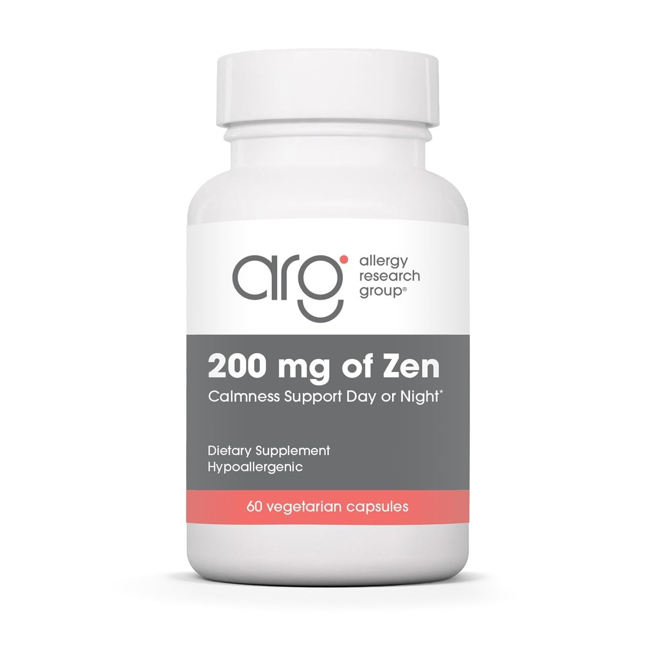 Allergy Research Group frontal del envase ARG 200 mg of Zen que muestra la fórmula calmante