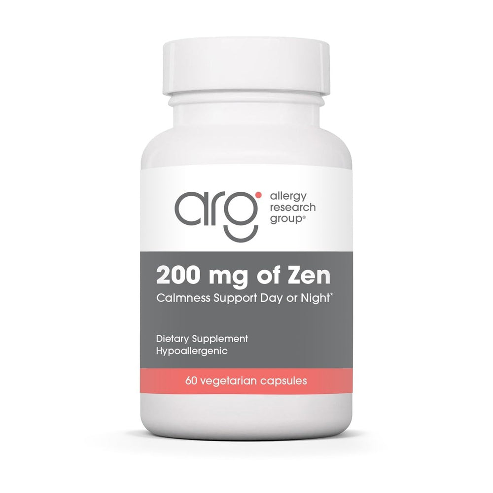 Allergy Research Group frontal del envase ARG 200 mg of Zen que muestra la fórmula calmante