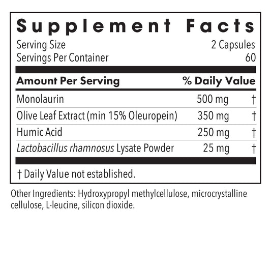Allergy Research Group Humic-Monolaurin Complex ingredients panel shows active components.