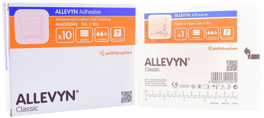 Allevyn empaque frontal mostrando el apósito y protección impermeable