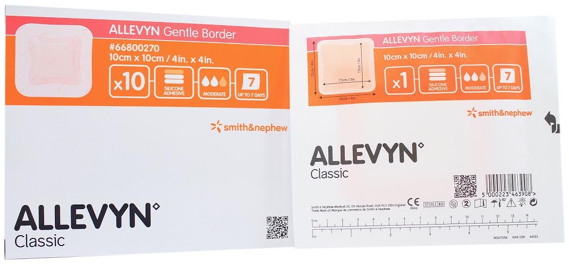 Allevyn empaque frontal mostrando caja y beneficios de sujeción suave