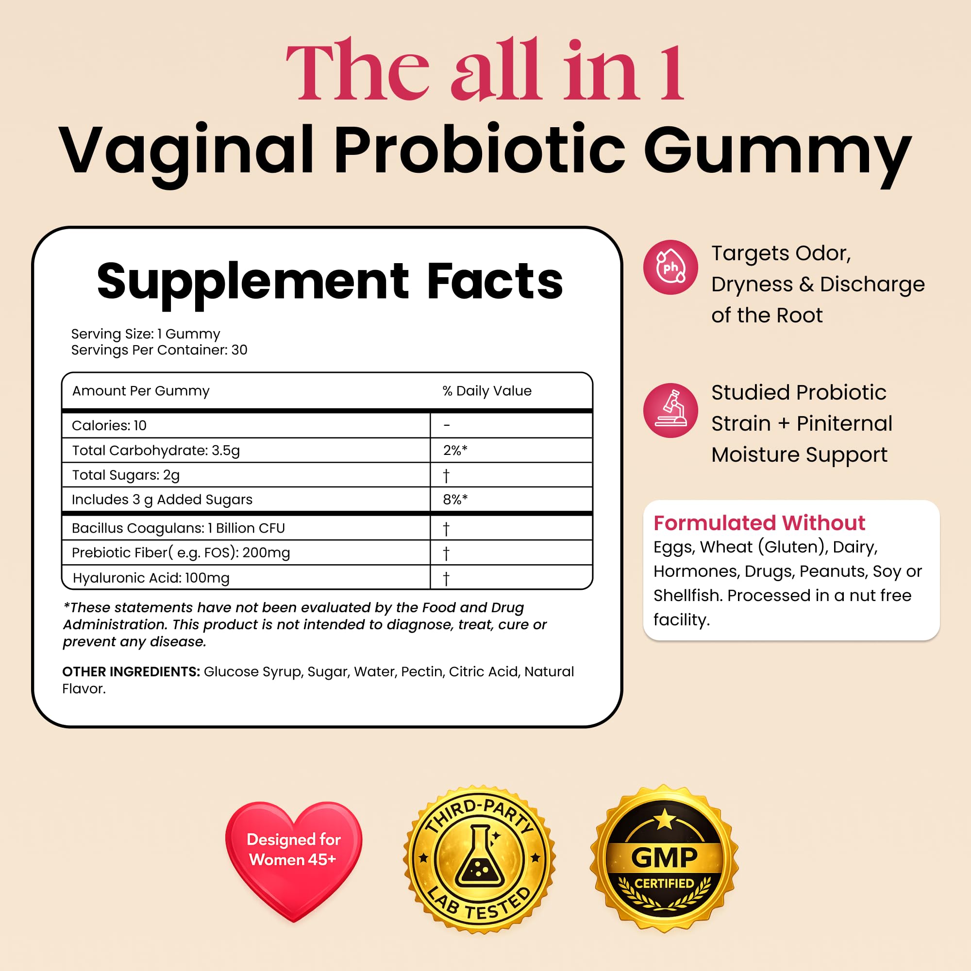 ALLFEMME etiqueta con ingredientes y certificaciones que demuestra calidad
