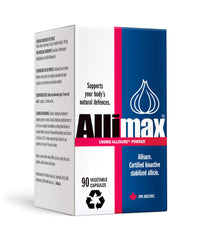 ALLIMAX frente del envase mostrando diseño y cantidad de 90 cápsulas, claridad en uso diario