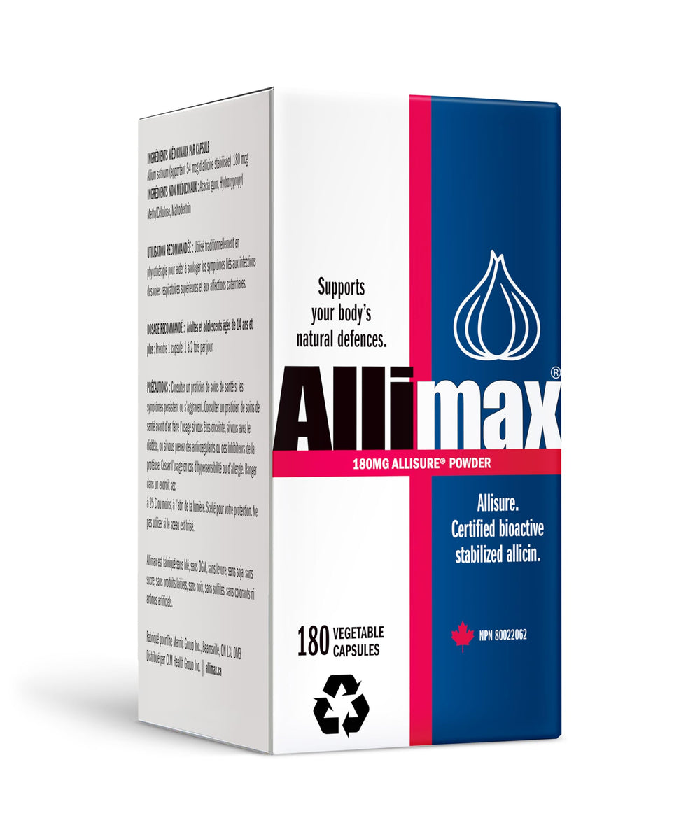 ALLIMAX frente del envase mostrando 180 cápsulas y ventajas