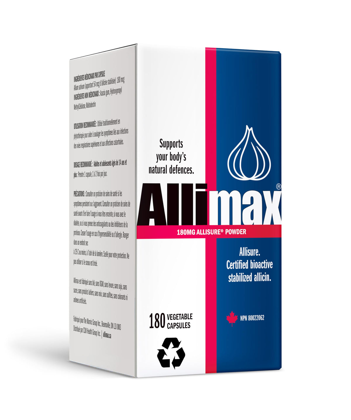ALLIMAX frente del envase mostrando 180 cápsulas y ventajas